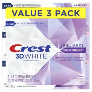 Crest 3D White Brilliance Vibrant Peppermint Teeth Whitening Toothpaste, 4.6 oz, Pack of 3 Tubes