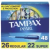 Tampax Pearl Tampons Multipack, with LeakGuard Braid, Regular/Super Absorbency, Unscented, 48 Count