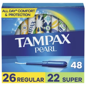 Tampax Pearl Tampons Multipack, with LeakGuard Braid, Regular/Super Absorbency, Unscented, 48 Count